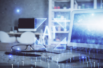 Technology theme drawing and table with computer. Multi exposure. Concept of information.