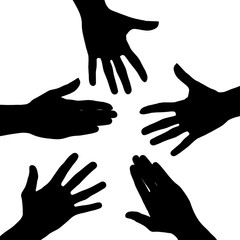 Vector silhouette of collection of hands on white background. Symbol of human and assistance.