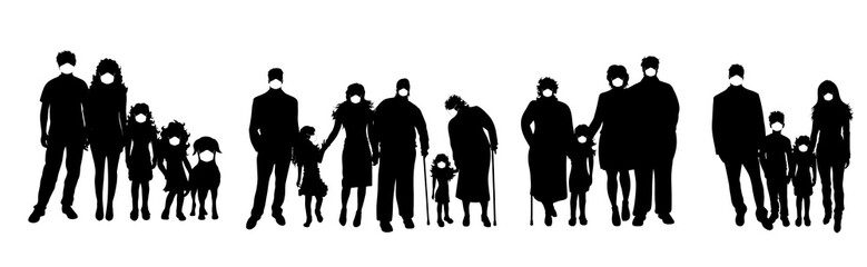 Collection of vector silhouette of anonymous family with medical mask on white background. Symbol of healthy and sick. Danger of coronavirus.