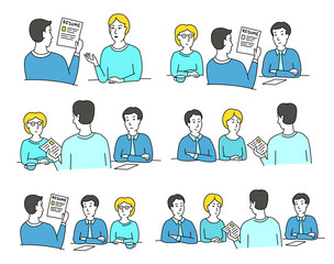 HR interview sketch set. Screening, talking with a job applicant. Male recruiter hired, reading an employee curriculum vitae resume. Vector cartoon.
