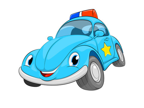 Funny cartoon police car. A blue car on a white background.