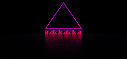 Glowing neon sign in purple. A pyramid with an antique pattern at the base. 3D Render