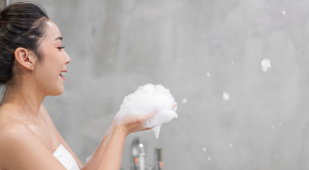 Portrait of smiling of happy beautiful pretty asian woman clean fresh healthy white skin enjoy...