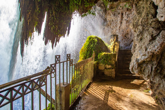 Natural attractions of Greece. City Of Edessa. Waterfalls in Edessa. Path under the waterfall. Travel to Greece. The Waterfalls Of Edessa. Nature Of Greece.