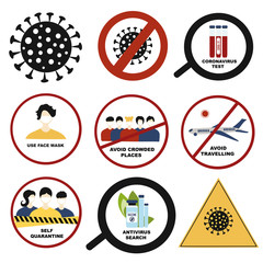 Coronavirus Pandemic sign set. Stop, quarantine, seaching antivirus Covid-19 , test, 2019-nCoV Novel Coronavirus , Cancellation of flights , face mask sign