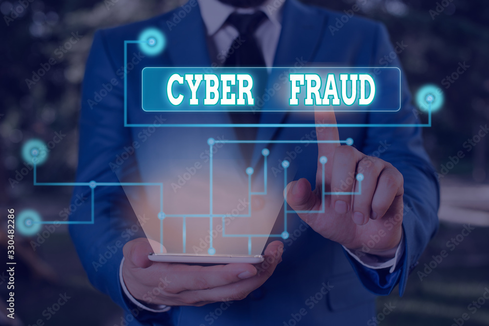 Poster text sign showing cyber fraud. business photo showcasing any crime that is committed with the use of