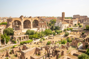 a view over the Roman Forum including the Basilica of Maxentius and Constantine (Basilica di Massenzio), Rome, Lazio, Italy