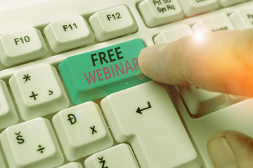 Conceptual hand writing showing Free Webinar. Concept meaning free workshop or seminar that is...
