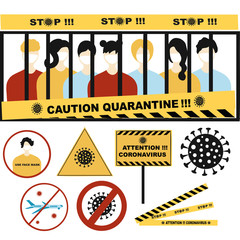 Coronavirus Pandemic sign set. Stop, quarantine, attention Covid-19 , 2019-nCoV Novel Coronavirus , Cancellation of flights , face mask sign