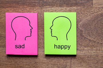 sad and contradicted happy is written on purple and green notes stickers, each with a mirrored...