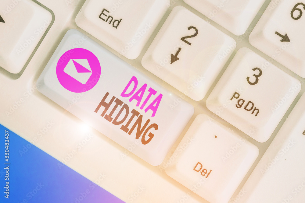 Poster word writing text data hiding. business photo showcasing secretly embedding data in graphics images 