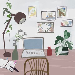 ワークスペース　観葉植物、　パソコン