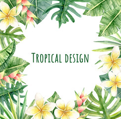Tropical frame border with green exotic leaves and flowers. Plumeria and Heliconia flowers. Watercolor florals