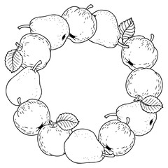 Vector coloring page for adult. Round frame of ripe apples and pears. Thanksgiving Day.