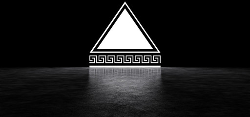 Glowing neon pyramid with Greek ornament at the base. Glowing abstract triangle portal with antique pattern. 3d render.