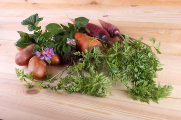 Carrots and potatoes on table