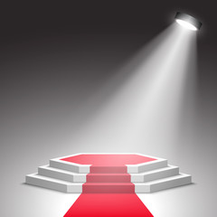 White podium with red carpet. Pedestal. Scene. Spotlight. Vector illustration.