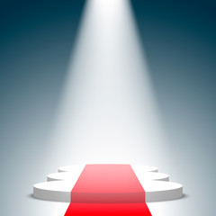 White podium with red carpet and spotlight. Pedestal. Scene. Vector illustration.