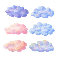 Set of fluffy clouds and clouds on a white background. Drawing in crayons.