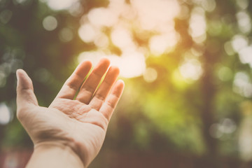 Bare hand with shining light and tree background