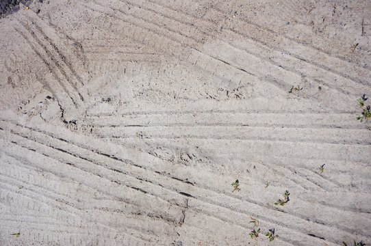 Overhead Shot Of A Sandy Surface With Tire Marks And Small Stems