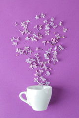 Spring flowers. blossoming lilac flowers in a cup on a bright purple background. top view
