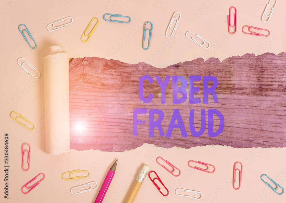 Poster writing note showing cyber fraud. business concept for any crime that is committed with the use of a