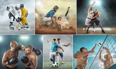 Deurstickers Collage of sports shots of soccer, football, beach volleyball, baseball and athletic jumper. All athletes in dynamic actions. © Andrii IURLOV