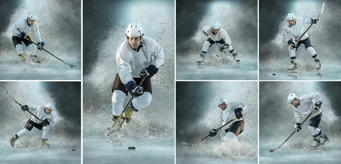 Caucassian ice hockey Players in dynamic action in a professiona