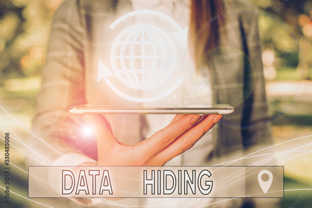 Poster conceptual hand writing showing data hiding. concept meaning secretly embedding data in graphics ima