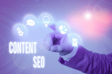 Writing note showing Content Seo. Business concept for creating webpage content to rank high in the...