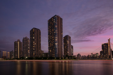東京都心部のタワーマンションと夕景の景色