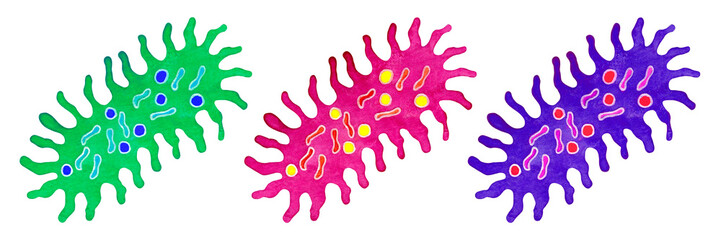 Set of bacteria, watercolor illustration, abstract isolated form in green and red and blue