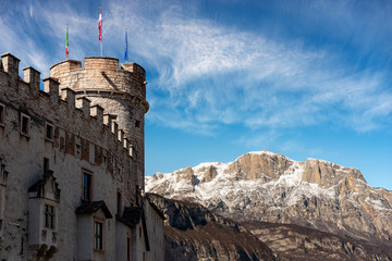 Castello del Buonconsiglio or Castelvecchio with the tower (Torre di Augusto (XIII-XVIII century), Medieval castle in Trento city and Paganella peak, Alps, Trentino Alto Adige, Italy, Europe