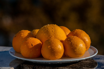 Still life eight oranges on white plate with water drops spray