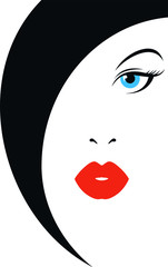 Cara de mujer con labios rojos y ojos azules