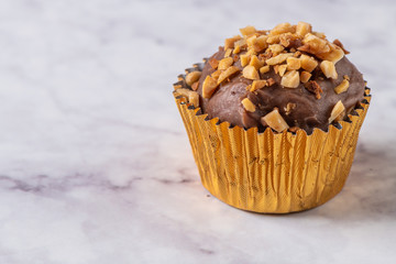 Brigadeiro is a common Brazilian dessert. Delicious chocolate candy Brigadeiro on a table