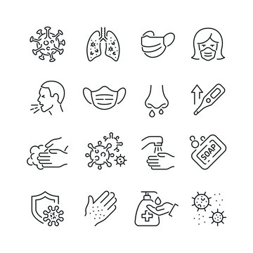 Virus related icons: thin vector icon set, black and white kit