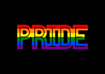 Pride text with rainbow LGBT flag on black background
