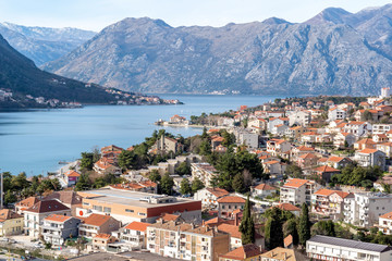 Fototapeta na wymiar Panoramic view of Kotor bay (Boka Kotorska) and Kotor city, Montenegro