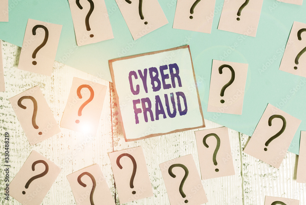 Aufkleber conceptual hand writing showing cyber fraud. concept meaning any crime that is committed with the us