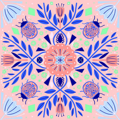 Scandinavian folk art pattern with flowers and bugs