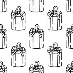 Gift box vector seamless pattern on white background. Black and white holiday background hand-drawn. Design for textile, wrapping, print.
