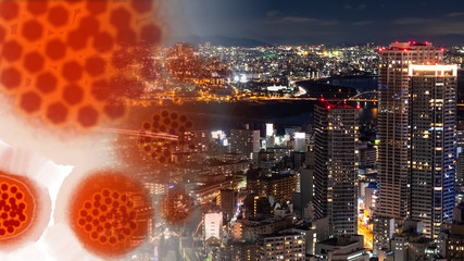 Image of the virus next to the panorama of the city. City in Japan. Osaka. The concept is the spread of the virus in Osaka. The epidemic in Japanese cities. Concept - fever among city dwellers