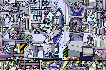 Fantasy technology or factory illustration with decorative machine sketch elements. Hand drawn.