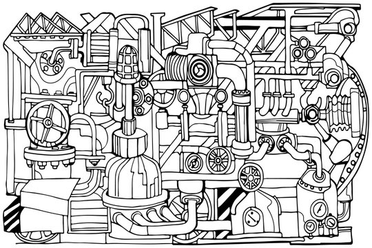 Technology or factory illustration with decorative industrial sketch elements.  Vintage linear style concept. Hand drawn.