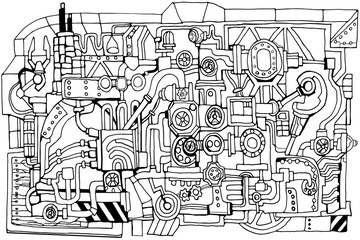 Abstract technology or factory illustration with decorative industrial sketch elements.  Vintage linear style concept. Hand drawn.