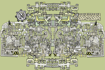 Fantasy technology or factory illustration with decorative machine sketch elements. Hand drawn.