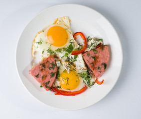 Fried sausage fried eggs on a white round plate. Top view
