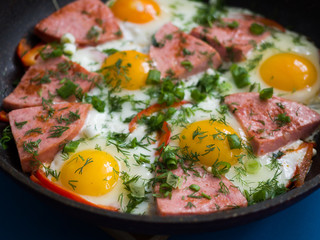 Fried sausage fried eggs in a pan. Close-up